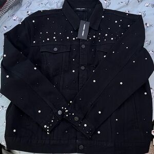 Black Pearl-Embellished Denim Jacket Homme Femme